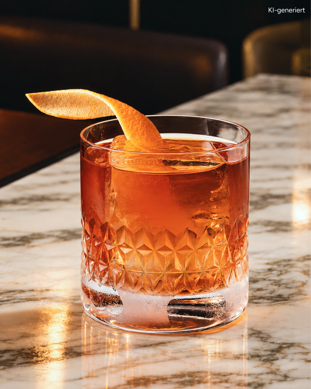 Ein bernsteinfarbener Cocktail in einem gemusterten Glas mit einem großen Eiswürfel und einer Orangenschale als Garnitur.
