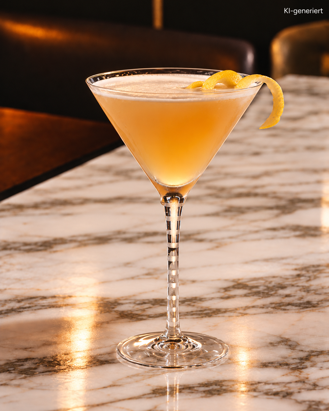 Ein heller Cocktail in einem Martini-Glas mit Stiel, garniert mit einer Zitronenspirale und auf einer Marmorarbeitsplatte stehend.