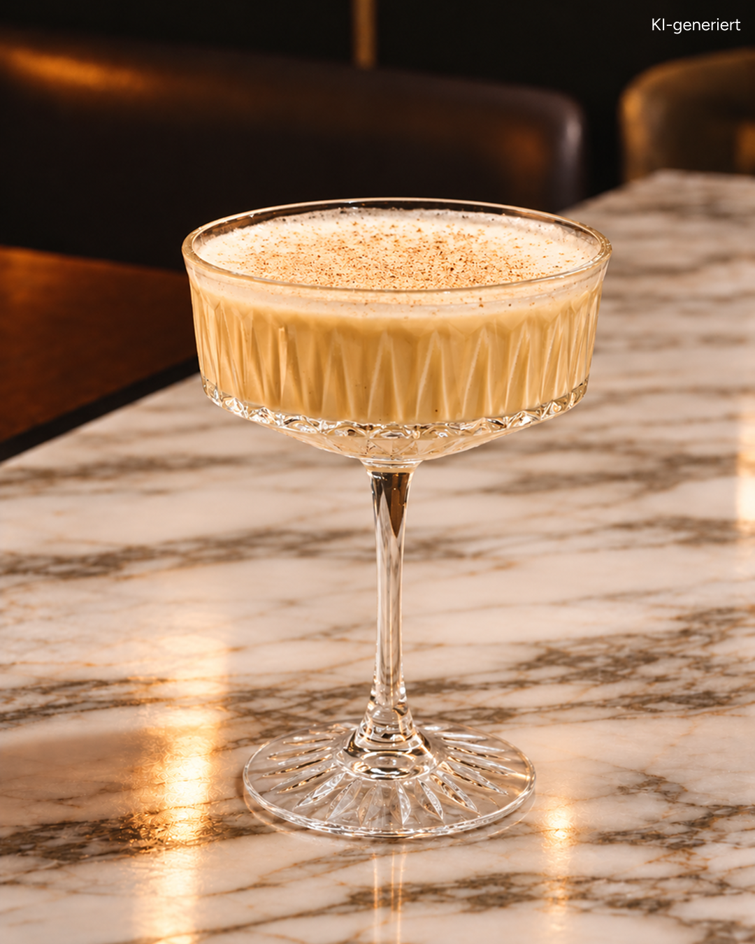 Ein cremiger, beiger Cocktail in einem Kristall-Coupe-Glas, mit Gewürzen bestreut, auf einer Marmor-Arbeitsplatte.