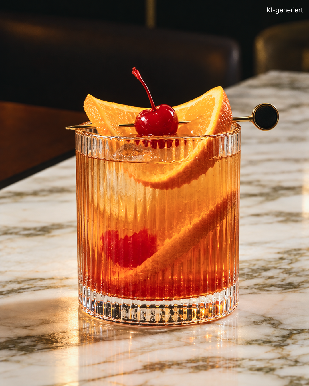 Ein Cocktail nach alter Art in einem geriffelten Glas, garniert mit Orangenscheiben und einer Maraschino-Kirsche auf einem goldenen Spieß.