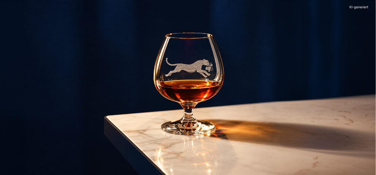 Ein Snifter-Glas mit bernsteinfarbenem Likör, an dessen Seite ein rennender Leopard eingraviert ist, das auf einer Marmorfläche steht.