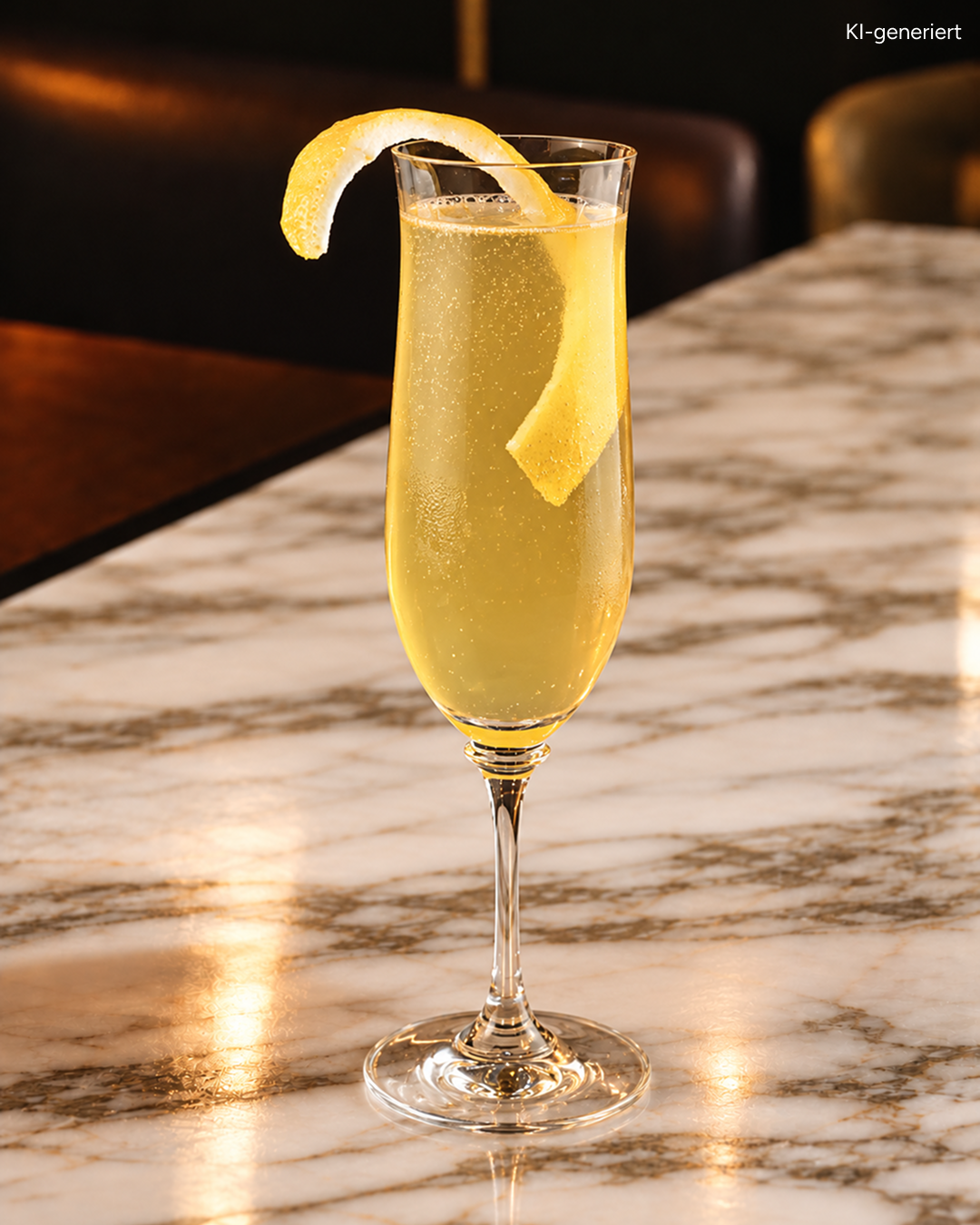 Ein funkelnder gelber Cocktail in einem Champagnerglas, garniert mit einer Zitronenspirale, der auf einer Marmorarbeitsplatte steht.