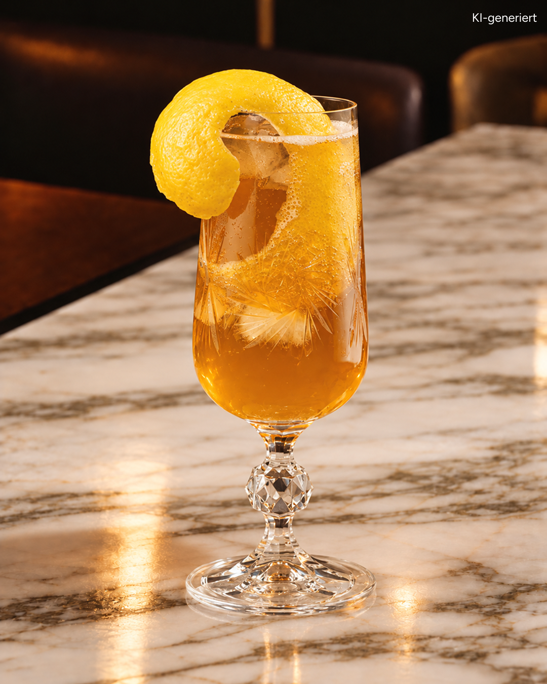 Ein Cocktail in einem Kristallglas, garniert mit einer großen Zitronenspirale, auf einer Marmor-Theke.