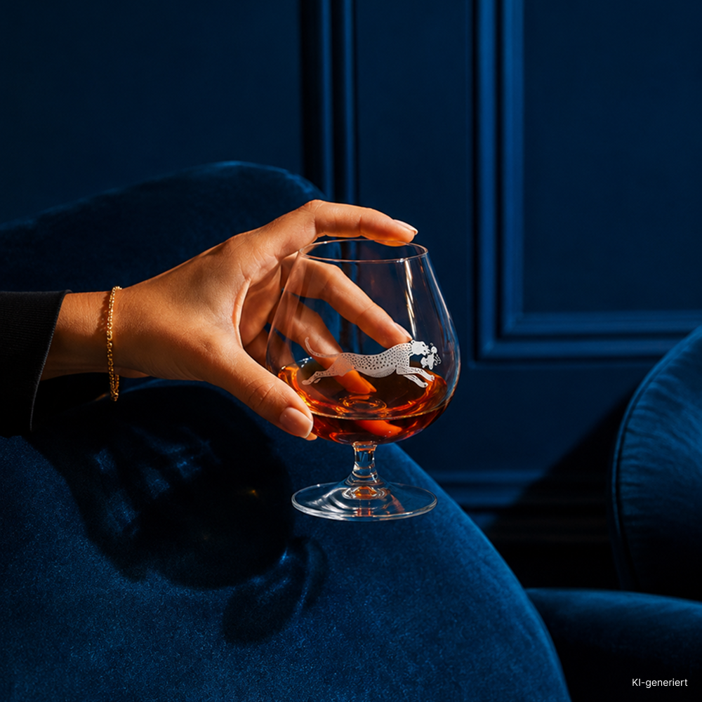 Eine Hand hält ein Brandy-Glas, auf dem die Silhouette eines weißen Leoparden zu sehen ist; das Glas ist mit einer bernsteinfarbenen Flüssigkeit gefüllt und steht vor einem dunkelblauen Hintergrund.