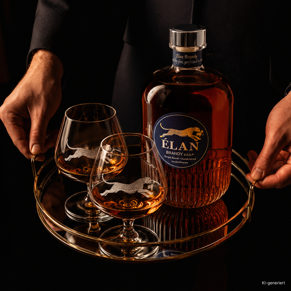 Eine Person hält ein goldenes Tablett mit einer Flasche Élan-Brandy und zwei passenden Snifter-Gläsern in der Hand.