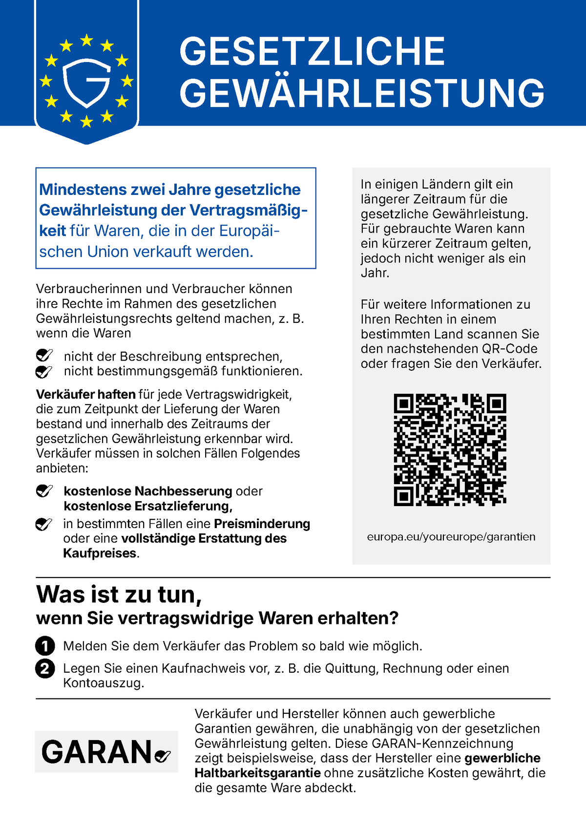 Infografik zu den Gewährleistungsrechten von Verbrauchern in der EU, einschließlich eines QR-Codes für weitere Informationen und einer Anleitung zur Meldung von Mängeln.