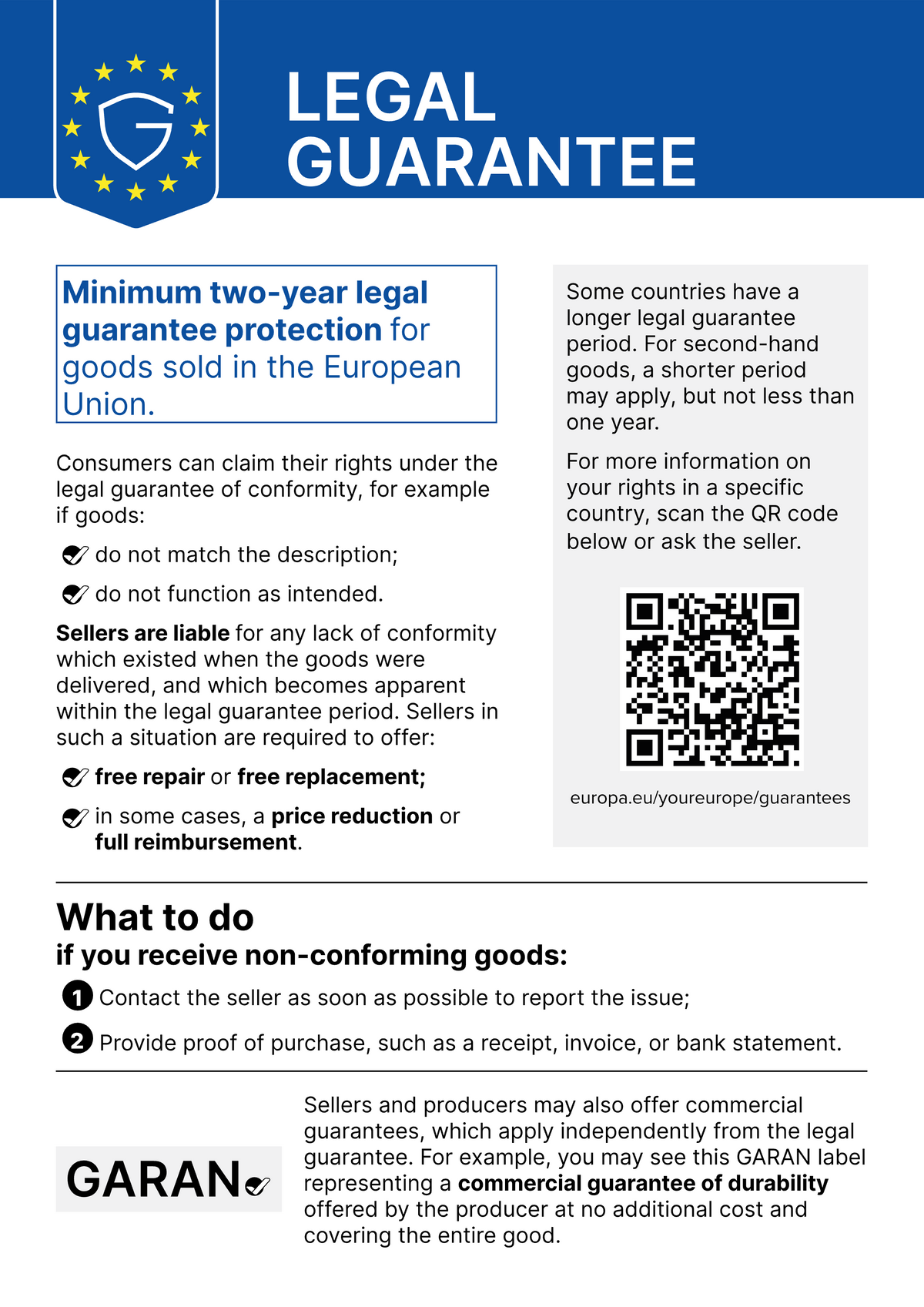 Infografik zu den gesetzlichen Gewährleistungsrechten für Verbraucher in der EU, einschließlich eines QR-Codes für weitere Informationen und eines Musters des GARAN-Etiketts.