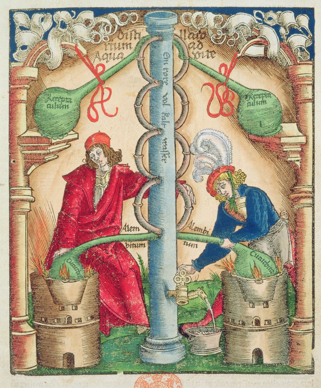 Zwei Gestalten in mittelalterlicher Kleidung bedienen eine alchemistische Anlage mit Glasgefäßen über Öfen.
