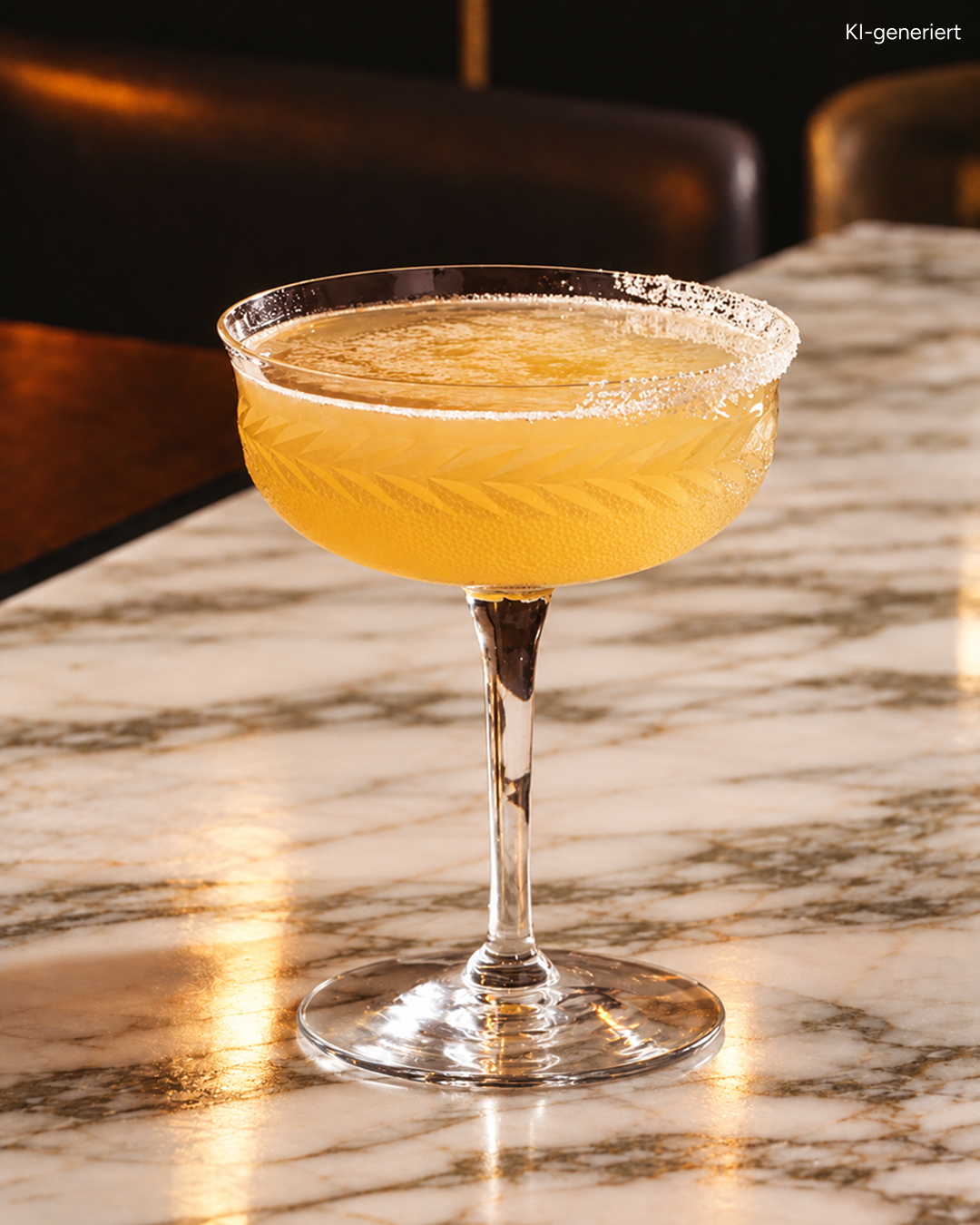 Ein gelber Cocktail in einem mit Zucker gerandeten Coupé-Glas, das auf einer Marmorfläche steht.