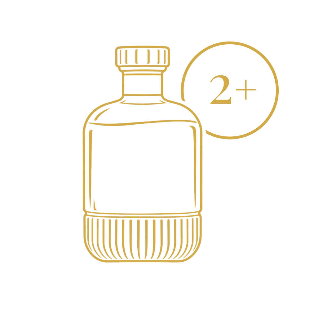 Strichzeichnung einer Glasflasche mit einem Kreis, in dem der Text 2+ steht.