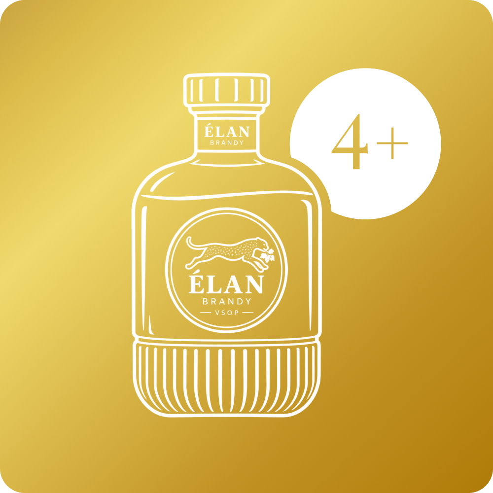 Strichzeichnung einer Élan-Brandy-Flasche mit einem 4+-Kreis auf goldenem Hintergrund.
