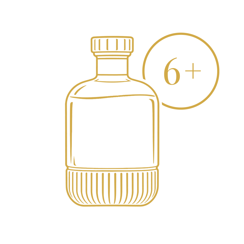 Goldfarbene Strichzeichnung einer Flasche mit einem runden Aufkleber mit der Aufschrift 6+.